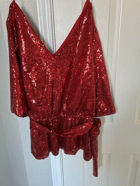 Bold Elements Sequined Blouse - V Neck Front/Back - Tie Waist - Red - Size Large